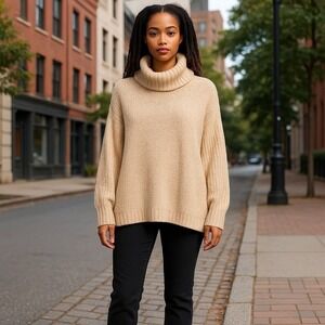 Doe & Rae Turtleneck Sweater Women Large Beige Oversized Chunky Knit Cowl Neck